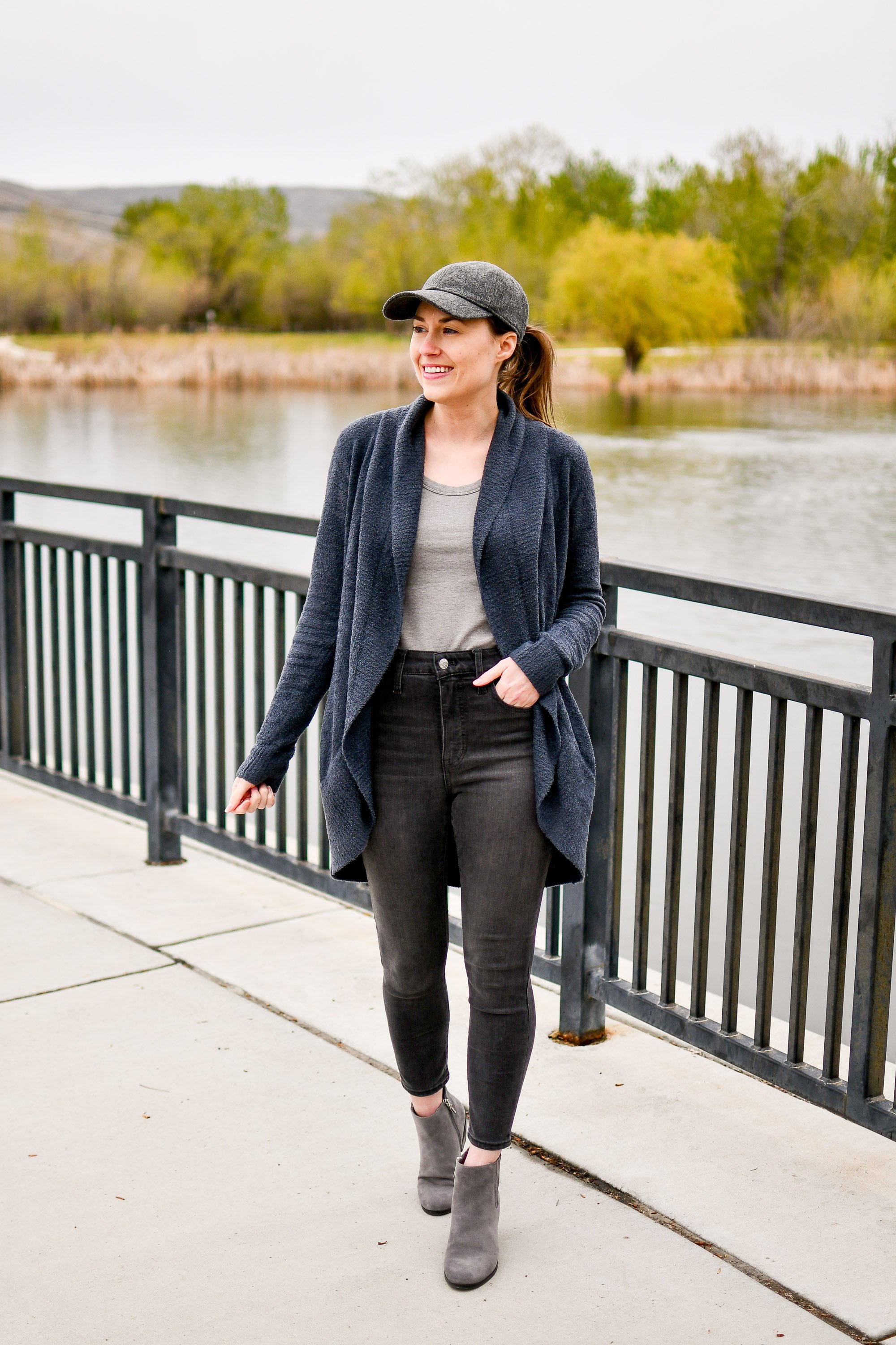 Gray long best sale cardigan outfit
